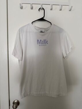 Milk Makeup White Tee with Lavender Logo